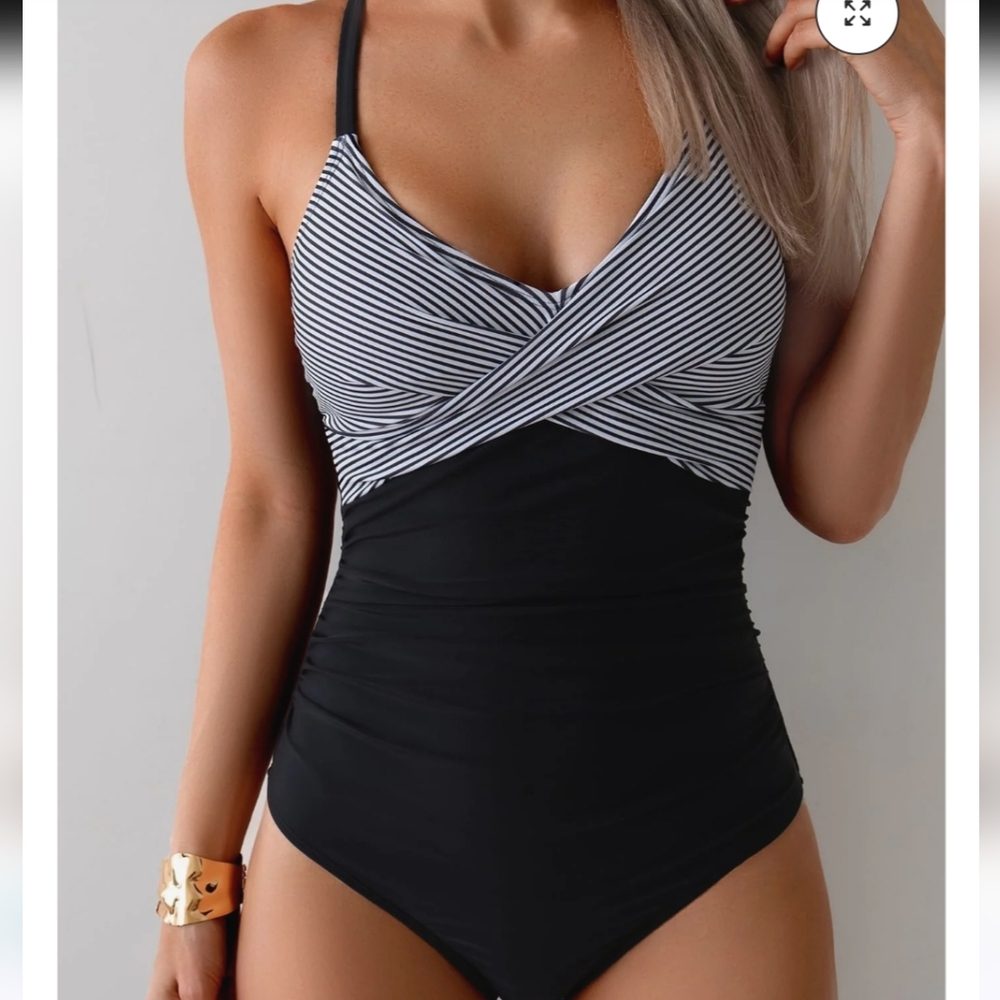 Black And White Swimsuit With Striped Cross Chest